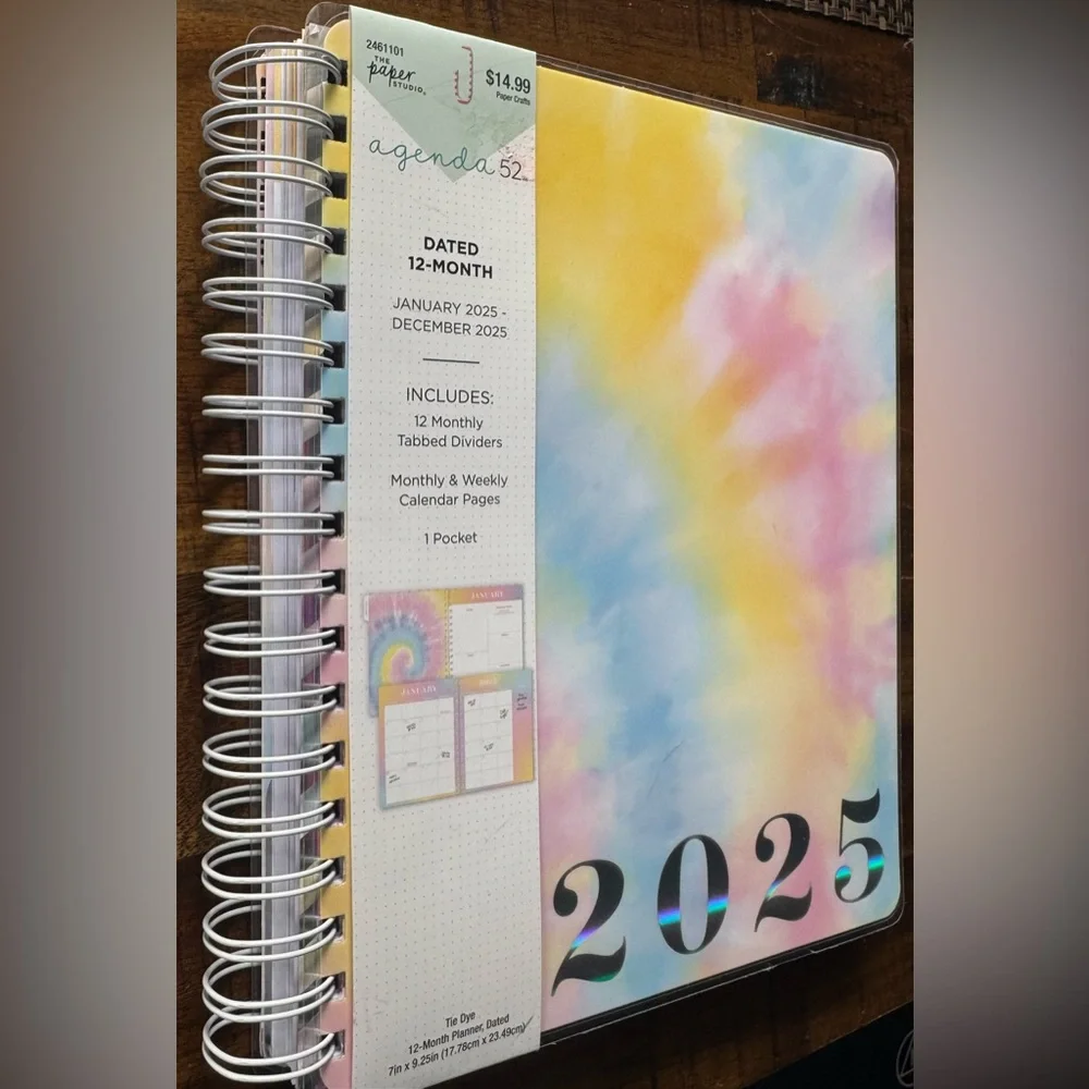Agenda 2025 Colorful Tie-Dye Dated Planner Tabbed Dividers Calendar NWT